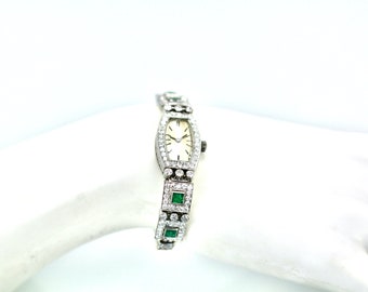 Deco Emerald Diamond Platinum Ladies Strap Watch