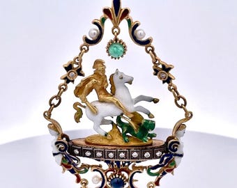St. George Enamel Slaying the Dragon Pendant 18K