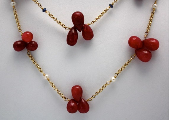 Ruby Tear Drop Necklace: 14k Yellow Gold, Seed Pe… - image 2