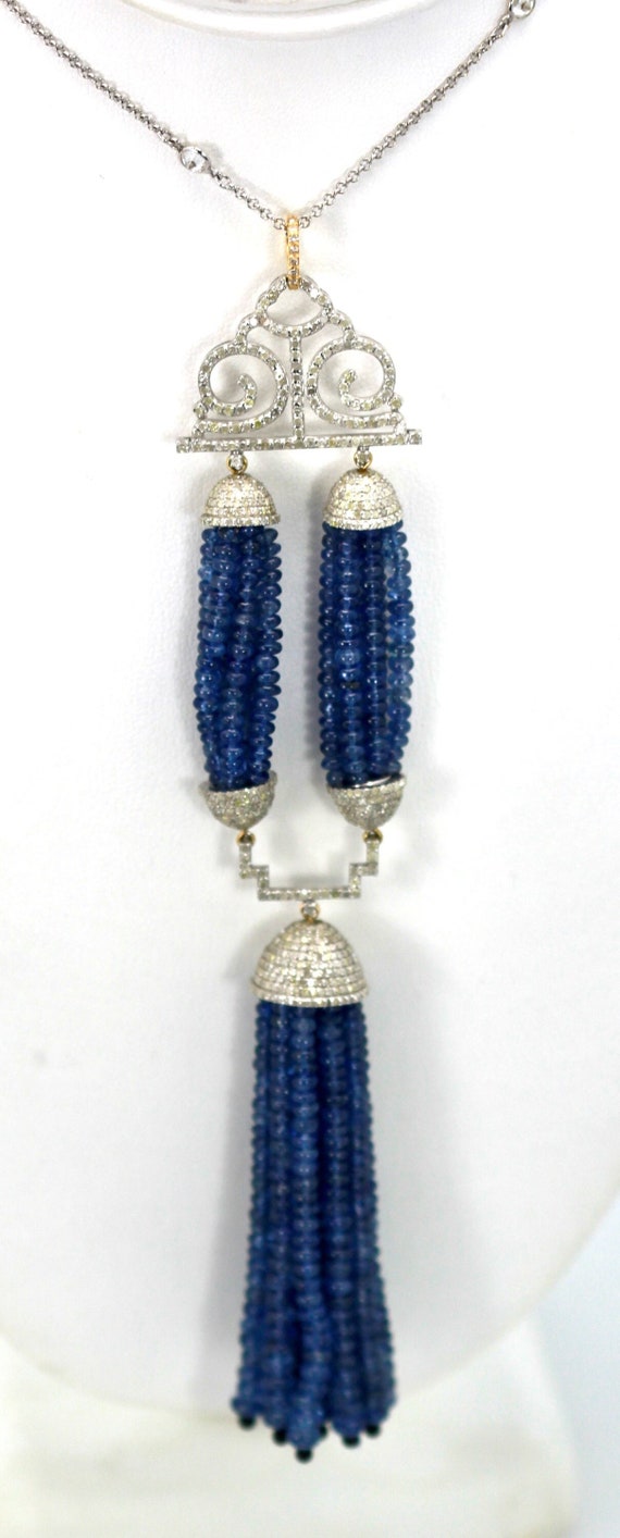 Blue Sapphire Beaded Double Tassel Pendant Neckla… - image 1