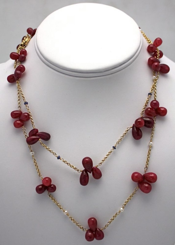 Ruby Tear Drop Necklace: 14k Yellow Gold, Seed Pe… - image 1