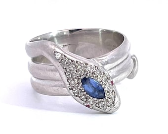 18K White Gold Diamond Tanzanite Head Snake Ring