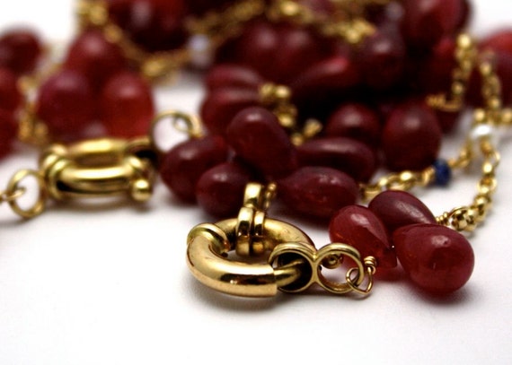 Ruby Tear Drop Necklace: 14k Yellow Gold, Seed Pe… - image 3