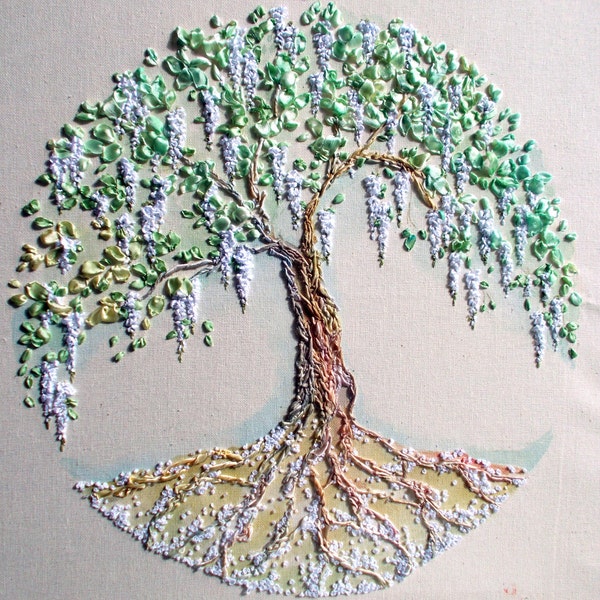 Embroidered picture "Tree of Life", batik painting tree , tree in the round, green tree, spring tree, wisteria. made to order