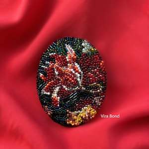 Künstlerische Perlenstickerei Brosche, Fragment eines Gemäldes "Stillleben mit Blumen", Perlen Tulpe, Oval Brosche, Blumen Perlen Brosche