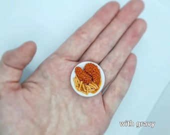 Miniature 1:12 scale plate of fried chicken and chips fridge magnet brooch ornament dolls house food custom choose any sauce