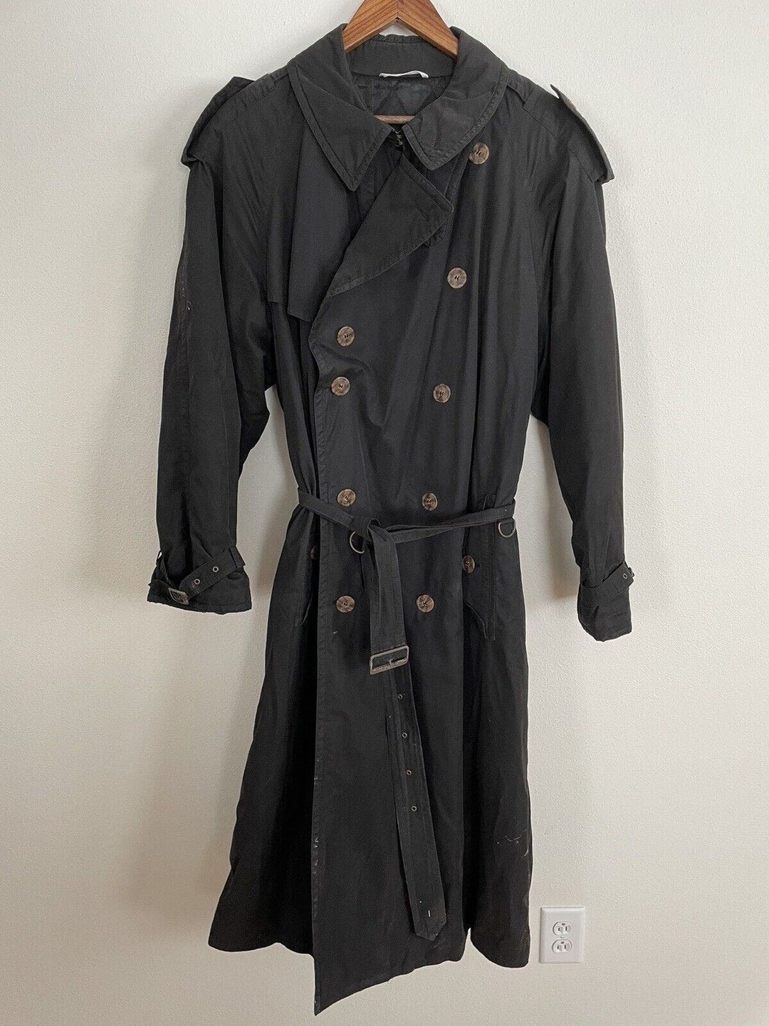 Vintage HUGO BOSS Trench Coat Black Pohland Lined Heavy Overcoat Iconic ...