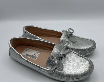 J Crew Driving Moccasins Metallic Silver Shimmer Leather Shoes Flats Size 8