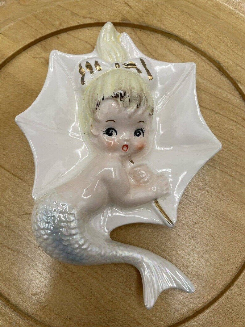 Vintage Enesco Ceramic Mermaids Umbrellas Wall Hangers Plaques Figurine
