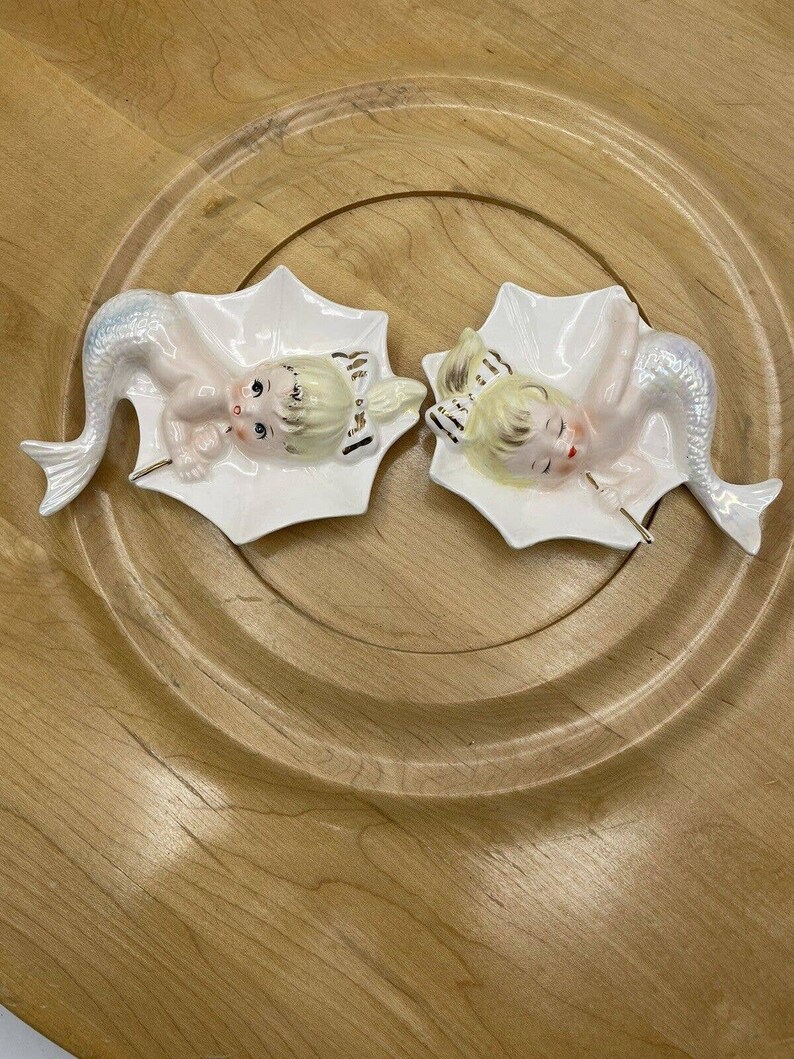 Vintage Enesco Ceramic Mermaids Umbrellas Wall Hangers Plaques Figurine