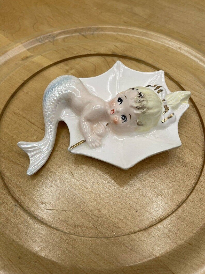 Vintage Enesco Ceramic Mermaids Umbrellas Wall Hangers Plaques Figurine