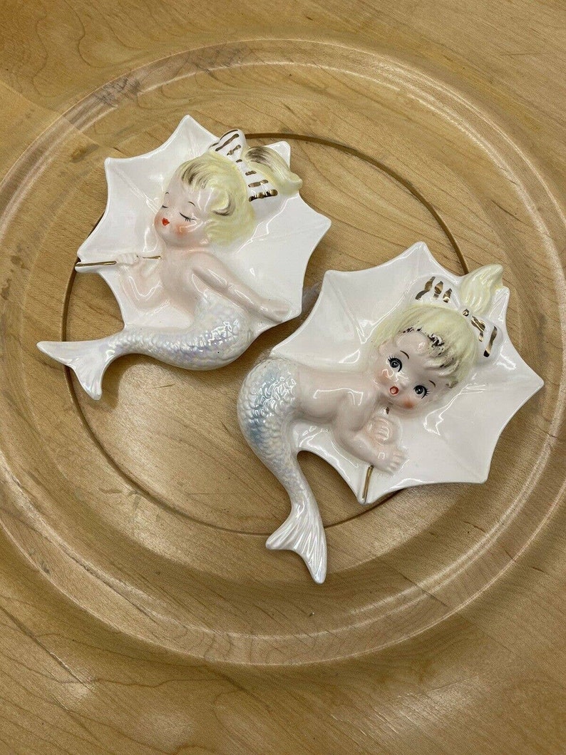 Vintage Enesco Ceramic Mermaids Umbrellas Wall Hangers Plaques Figurine