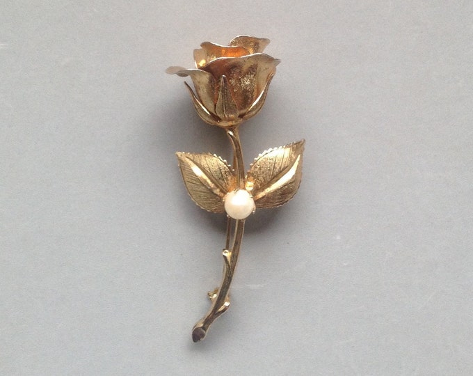 Gold and Pearl Rose Brooch/ Single Long Stem Rose Pin/ Vintage - Etsy