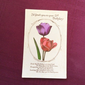 Vintage 21. Geburtstagsgruß Postkarte / Lila und Rote Tulpen / Geburtstagsvers / Geprägte Postkarte / Sammler Ephemera