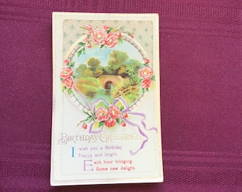 Vintage Birthday Postcard/ Birthday Greetings/ Pink Roses/ Rural Scene/ Embossed Postcard/ Collectible Ephemera -  1925