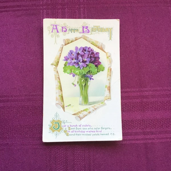 Antique Birthday Postcard/ Birthday  Greetings/ Bouquet of Violets/ Wildt & Kray, London/ Collectible Ephemera /Postmarked 1912