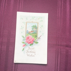 Vintage verjaardagsgroet ansichtkaart / roze rozen - country scene / beste verjaardagswensen / made in USA / Collectible Ephemera