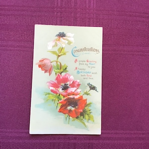 Carte postale d'anniversaire ancienne / Félicitations - voeux d'anniversaire / Anémones rouges / Éphémères de collection