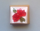 Vintage Bircraft Pill Box with Lucite Top Hand-carved Red Roses Gold Metal Hinged Box Trinket Box Made in USA