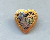 Vintage Gold Enamel Heart Pin Small Heart Brooch Butterfly Design Blue, Green Purple Lapel Pin