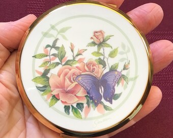 Vintage Floral STRATTON Compact/ Gold and Enamel Compact/ Pink Roses & Purple Butterfly Design/ Made in England/ Unused Condition