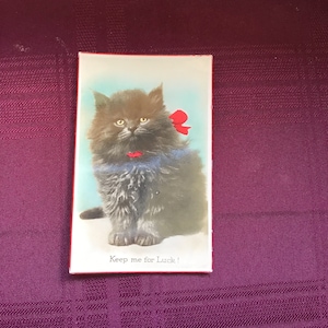 Vintage Katze Postkarte/Schwarz Perser Kätzchen mit roter Schleife/Keep Me for Luck/Valentines Fotografie Postkarte/Sammler Ephemera/ Poststempel 1939