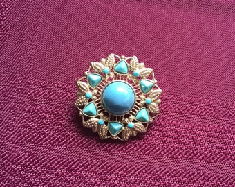 Round Gold and Turquoise Brooch/ Floral Design/ Faux Turquoise/ Vintage Pin/ Gift for Her