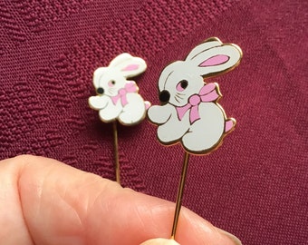 Pair of White Rabbit Stickpins/ Enamelled White & Pink Bunnies/ Easter Bunny/ Easter Gift/ Unisex Gift