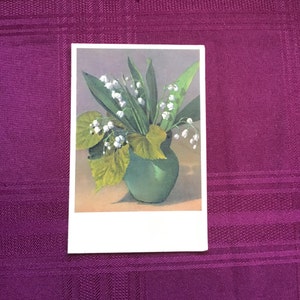 Carte postale florale vintage/muguet/composition florale dans un vase vert/éphémères de collection/fournitures pour créations manuelles