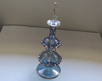 Vintage Egyptian Perfume Bottle/ Hand Blown Glass Bottle/ Blue Glass with Gold Detailing / Art Glass/ Gift for Her