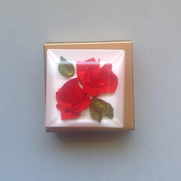 Vintage Bircraft Pill Box with Lucite Top/ Hand-carved Red Roses/ Gold Metal Hinged Box/Trinket Box/ Made in USA