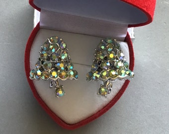 Silver Rhinestone Bell Earrings /Vintage Screw-back Earrings /Aurora Borealis Rhinestones/ Holiday Accessory / Gift for Her