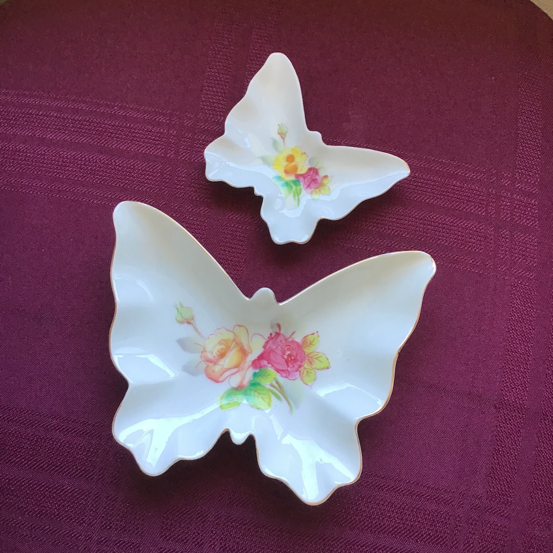 Pair of Ceramic Butterfly Dishes/ Yellow and Pink Roses/ Pin Trays
