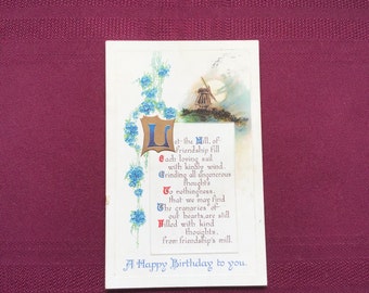 Antique Birthday Postcard/ Birthday Greetings/ Friendship Verse/ Windmill- Blue Forget Me Nots/ Embossed Postcard/ Collectible Ephemera