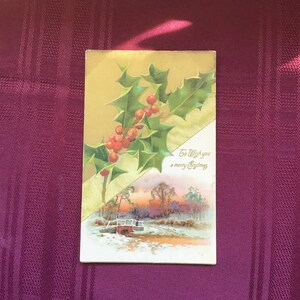 Cartão postal de Natal antigo/Cena de azevinho e inverno/Para desejar um Feliz Natal/Efêmeras colecionáveis - Carimbado nos EUA 1907
