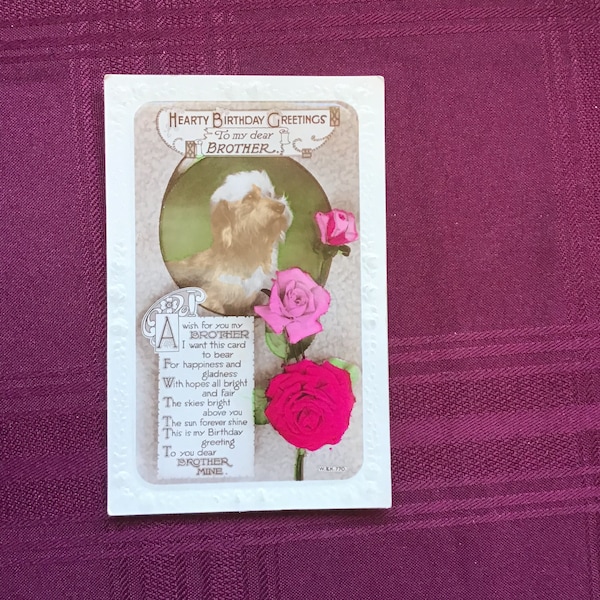 Vintage Birthday Postcard/Brother’s Birthday/ Goldendoodle Dog - Pink Roses/Embossed Edge/ Wildt & Kray , London