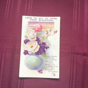 Cartão postal antigo de Blackpool/Rosas e violetas/Amor para todos em casa/Flores roxas e rosa/Efêmeras colecionáveis