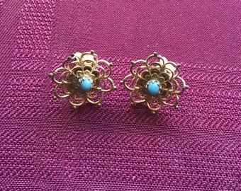 Gold and Turquoise Clip-on Earrings/ Vintage Button Earrings/ Floral Design/ Faux Turquoise Beads/ Art Nouveau Style