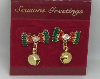 Vintage Christmas Earrings/Crystal Bows and Jingle Bells/Red Green and White Stones/ Pierced Earrings/Holiday Accessory - Unused Condition
