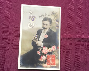 Antique Portrait Postcard/French Postcard/ Young Man with Flower - I Think of You/ Black and White Photograph/Collectible Ephemera -1907