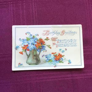 Antike Postkarte / Geburtstagsgrüße / Blaue und rote Blumen / Vergissmeinnicht / Sammler Ephemera - 1914
