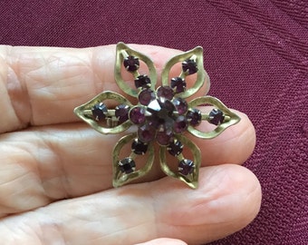 Silver & Purple Rhinestone Brooch/ Small Starflower Pin/Vintage Purple Rhinestone Pin/ Floral Design/ Gift for Her