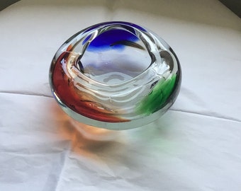 Small Art Glass Bowl/ Murano Style Glass Bowl/ Vintage Glass/ Red, Blue and Green/ Heavy Glass Paperweight/ Unisex Gift