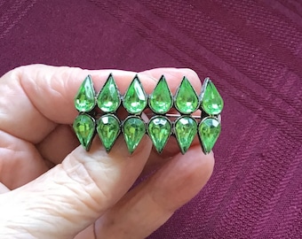 Vintage Green Rhinestone Brooch/ Peridot Green Glass Pin/ Faceted Teardrop Stones/ Fashion Accessory/ Gift for Her