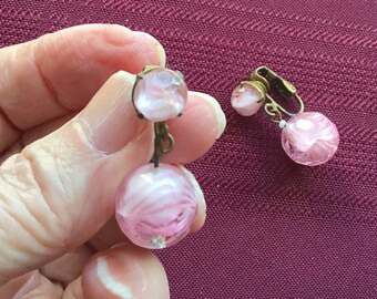 Pink Glass Dangle Earrings/Vintage Clip-on Earrings/ Pink & White Venetian Beads / Boho Style - 1970’s