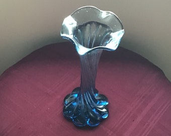 Tall Blue Glass Vase/ Vintage Glass/ Twisted Design - Fluted Top/ Specimen Vase/ Gift for Her