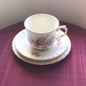 Vintage Teacup Trio/ James Kent - Old Foley/ Pink and Mauve Roses/Floral Design/ Gold Trim/ Made in England/ Gift for Her