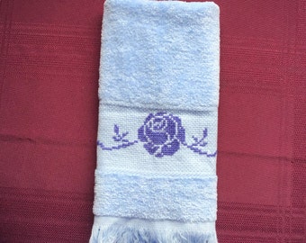 Vintage Blue Fingertip Towel/ Blue Roses Design/ Hand-stitched Velour Towel/ Bathroom Decor/ Gifts for Her