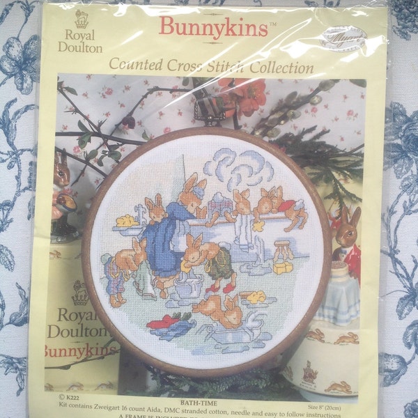 Bunnykins Cross Stitch Kit/Rabbits at “Bath-Time”/ Royal Doulton/Needlecraft/ Craft Project /Vintage Unused Kit