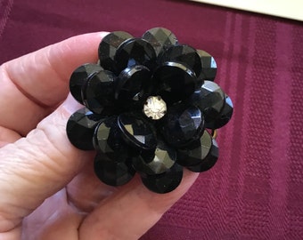 Vintage Black Flower Brooch/ 3D Pin/ Black Faceted Petals/ Rhinestone Centre/Statement Brooch/ Gift for Her